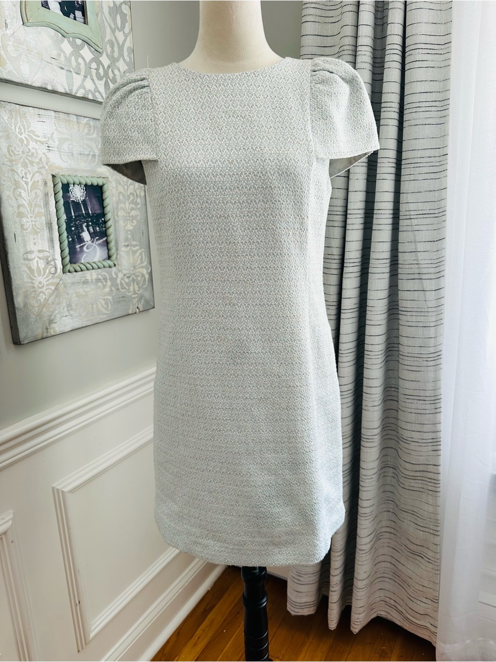 Reiss Blue & White Amis Max Puff Sleeve Tweed Work/Office Dress